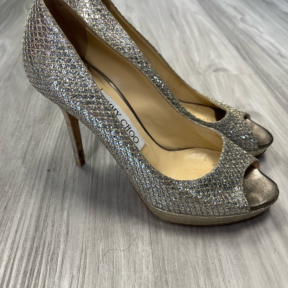 Jimmy Choo Glittering Silver Peep Toe Heels